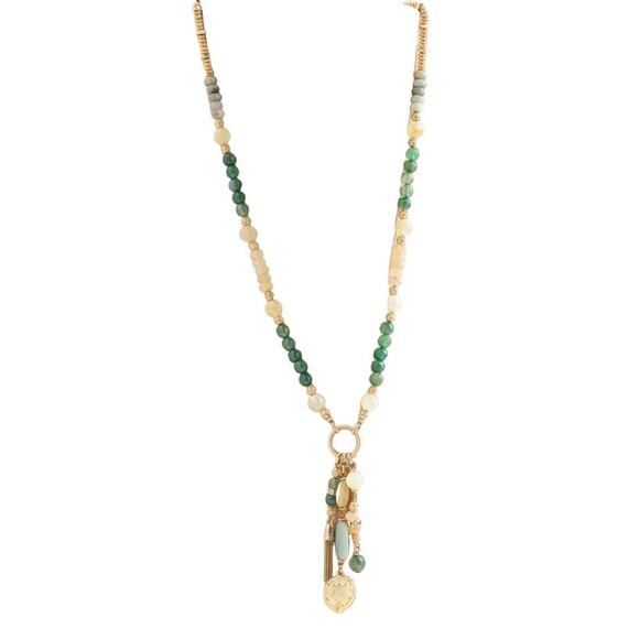 Chicos Green Collection agate, jade amazonite Goldtone Long
Tassel Necklace New - Picture 1 of 16